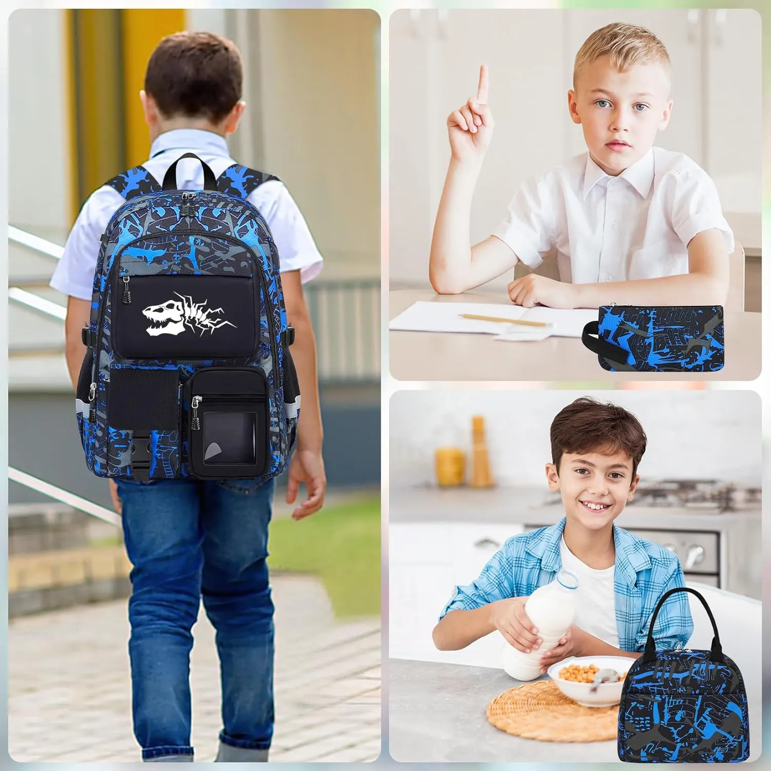 School Backpack for Boys - 4pcs Dinosaur Boys Backpack with Lunch Box Set for Kids Teens Elementary Middle High School - 18" Large Capacity School Bookbag with Multiple Pockets