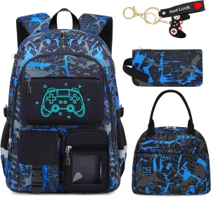 School Backpack for Boys - 4pcs Gamer Boys Backpack with Lunch Box Set for Kids Teens Elementary Middle High School - 18" Large Capacity School Bookbag with Multiple Pockets