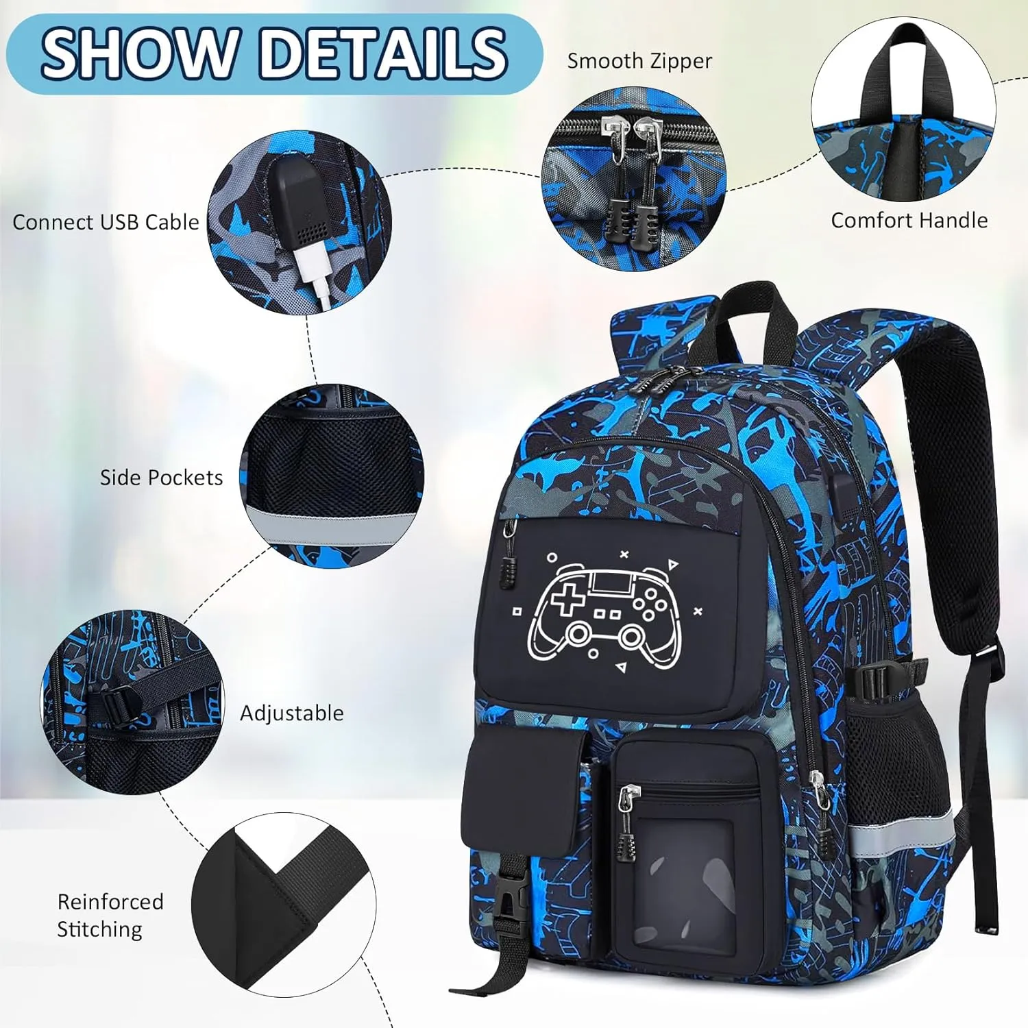 School Backpack for Boys - 4pcs Gamer Boys Backpack with Lunch Box Set for Kids Teens Elementary Middle High School - 18" Large Capacity School Bookbag with Multiple Pockets