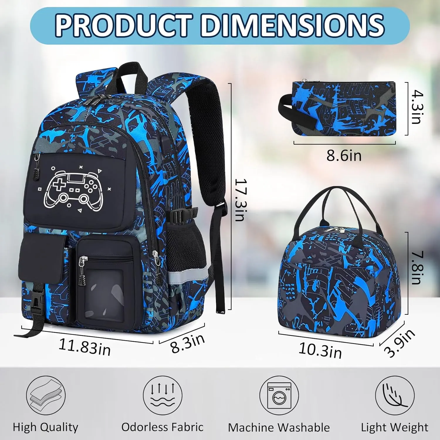 School Backpack for Boys - 4pcs Gamer Boys Backpack with Lunch Box Set for Kids Teens Elementary Middle High School - 18" Large Capacity School Bookbag with Multiple Pockets