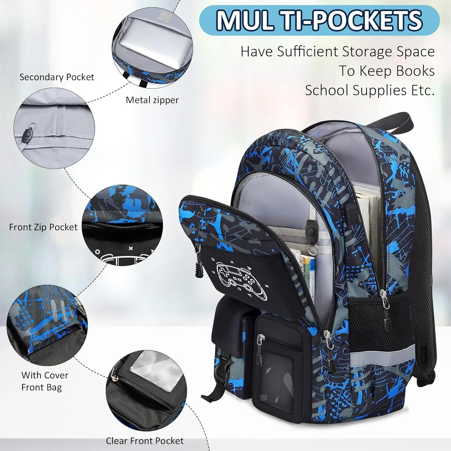 School Backpack for Boys - 4pcs Gamer Boys Backpack with Lunch Box Set for Kids Teens Elementary Middle High School - 18" Large Capacity School Bookbag with Multiple Pockets