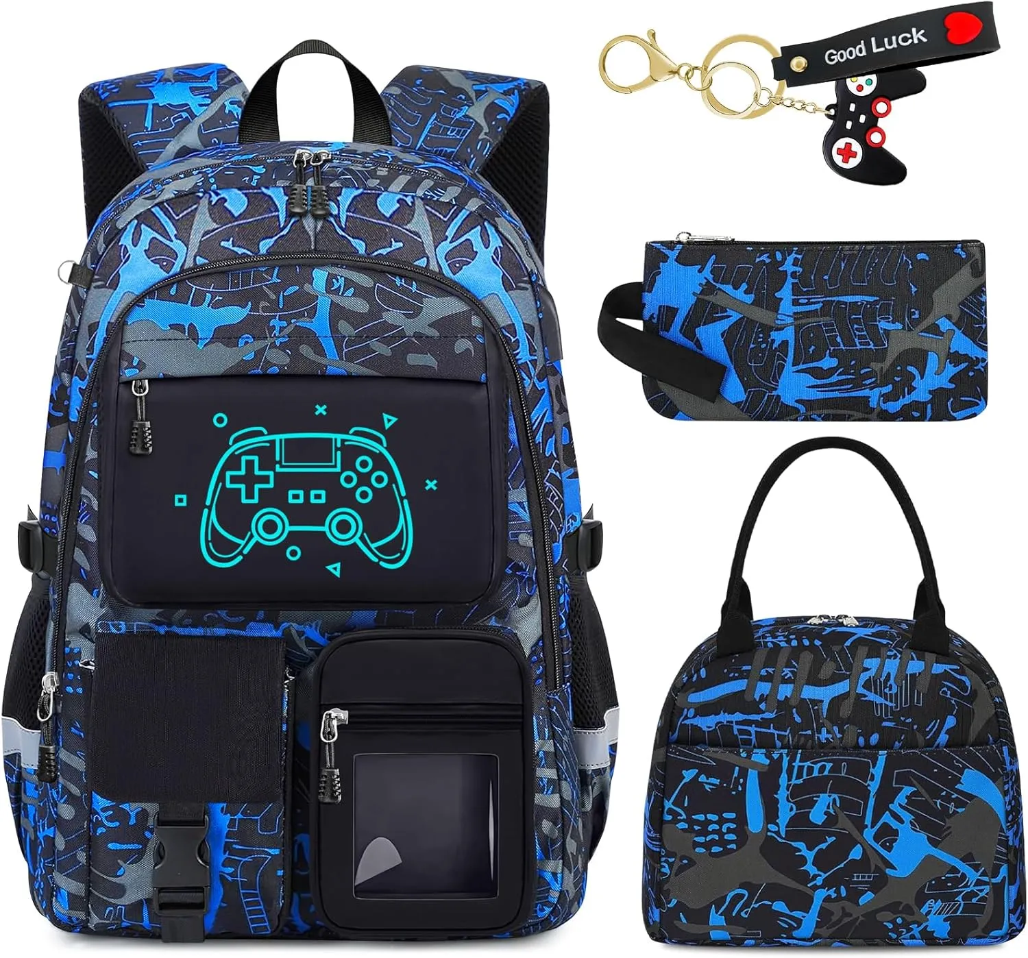School Backpack for Boys - 4pcs Gamer Boys Backpack with Lunch Box Set for Kids Teens Elementary Middle High School - 18" Large Capacity School Bookbag with Multiple Pockets