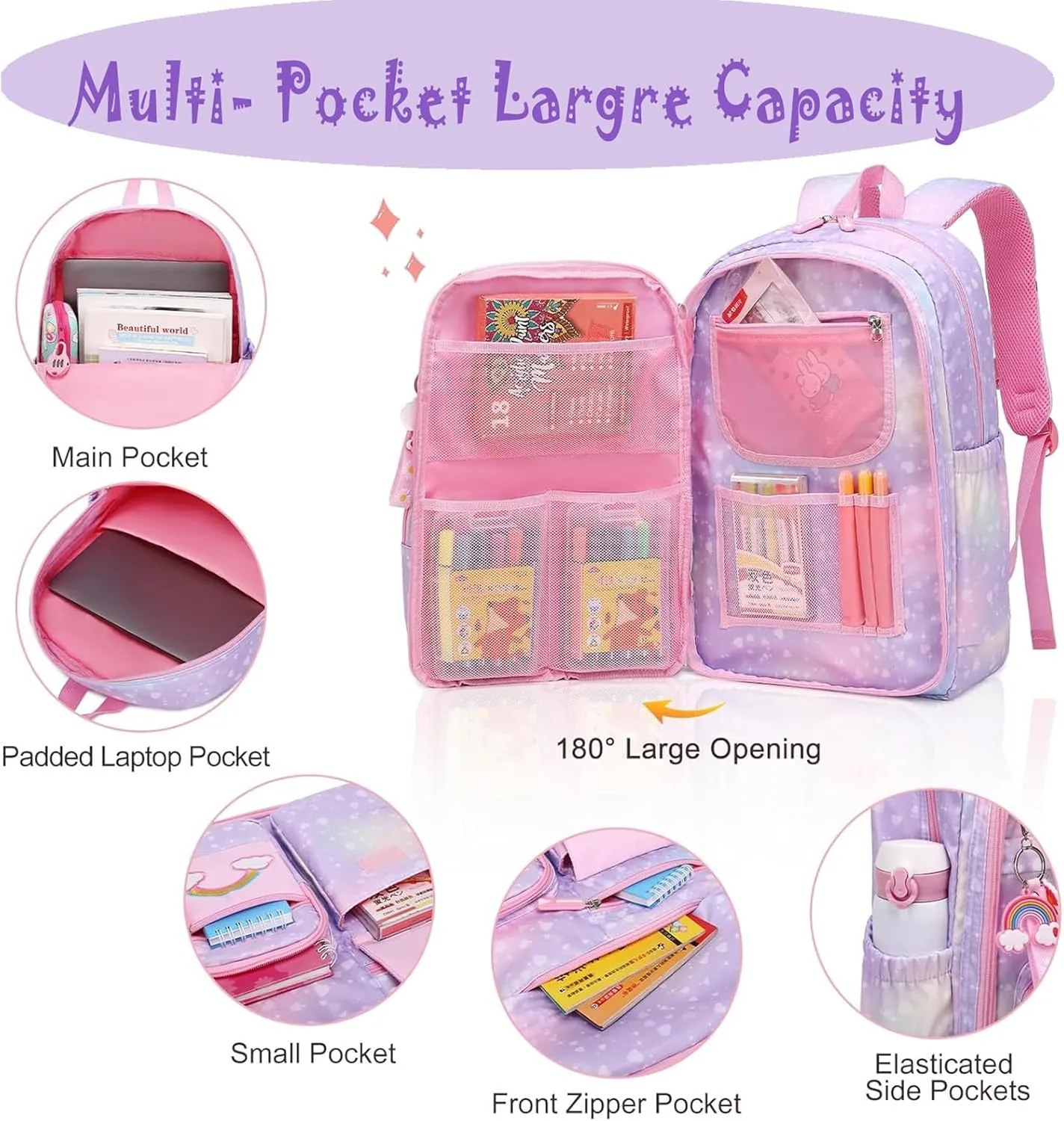 School Backpack for Girls Rainbow Backpack Cute Backpack for Back to School Laptop Travel Bag With pencil Case for Travel Camping Hiking (Purple Set)