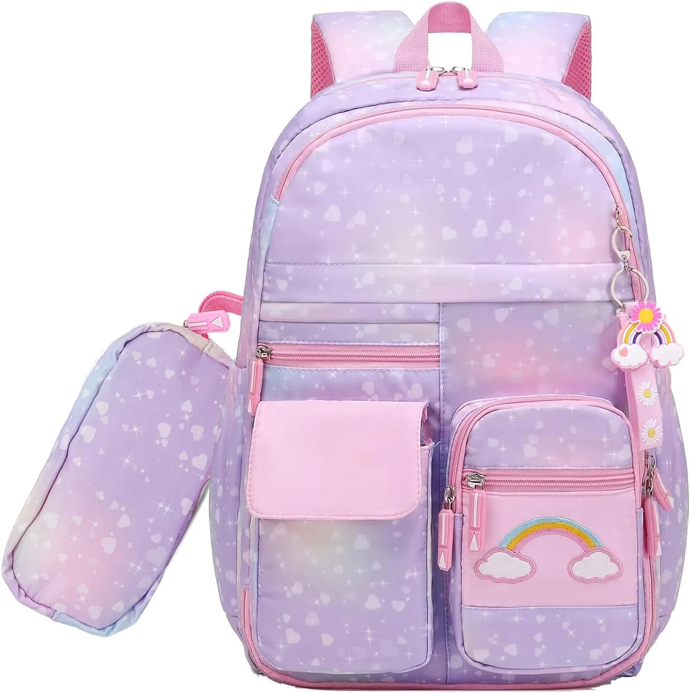 School Backpack for Girls Rainbow Backpack Cute Backpack for Back to School Laptop Travel Bag With pencil Case for Travel Camping Hiking (Purple Set)