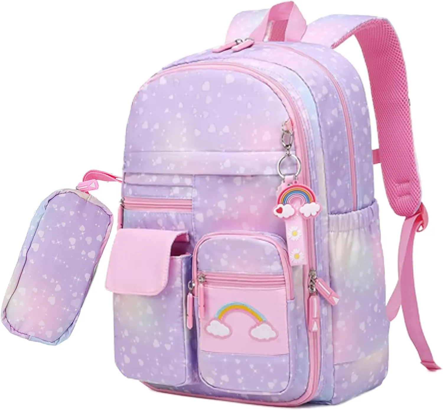 School Backpack for Girls Rainbow Backpack Cute Backpack for Back to School Laptop Travel Bag With pencil Case for Travel Camping Hiking (Purple Set)