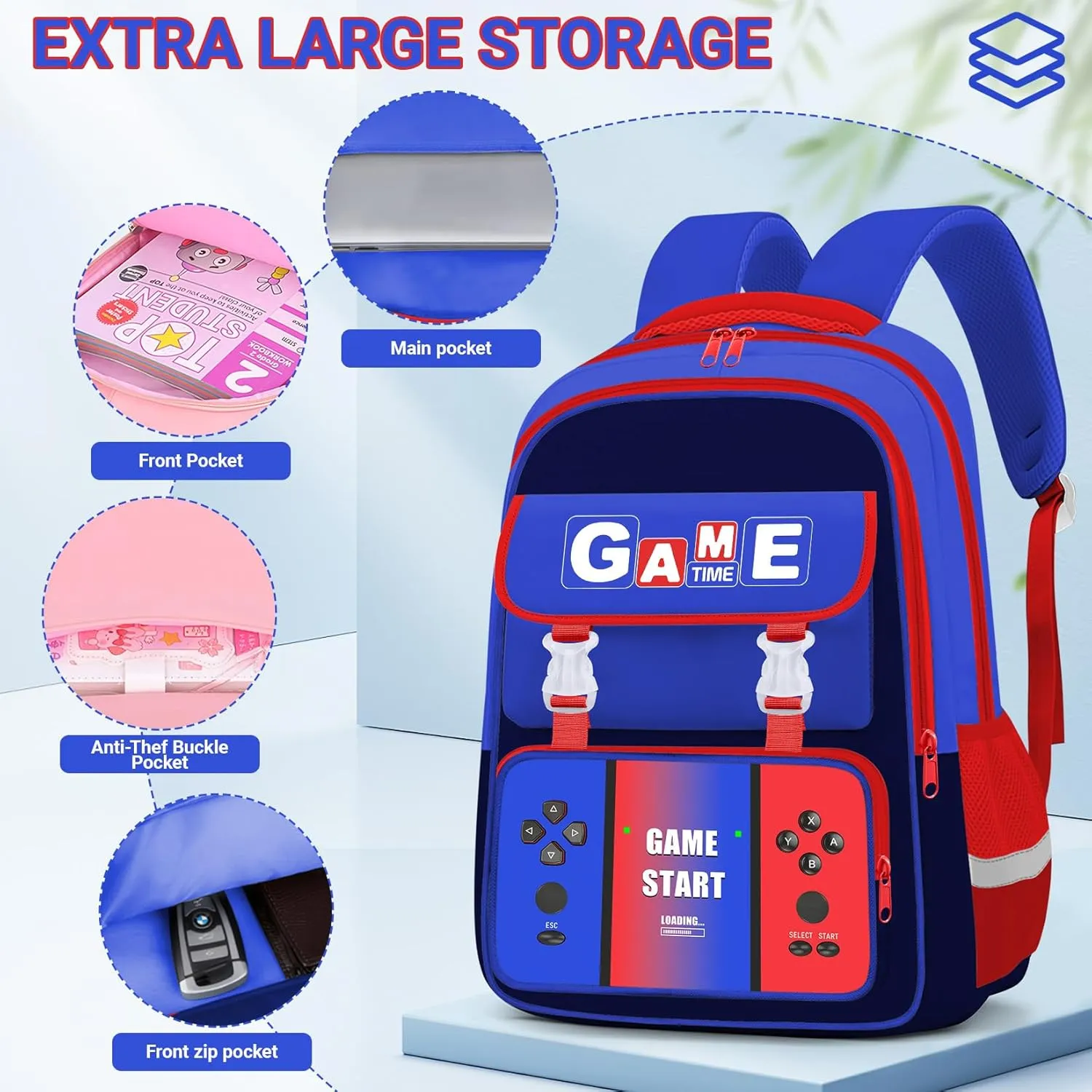 School Backpacks for Boys - Gamer Boys Backpack for Kids Teens, Multifunctional Bookbag for Elementary Middle School Students, 17 Video Game Travel Bag Ages 6-18