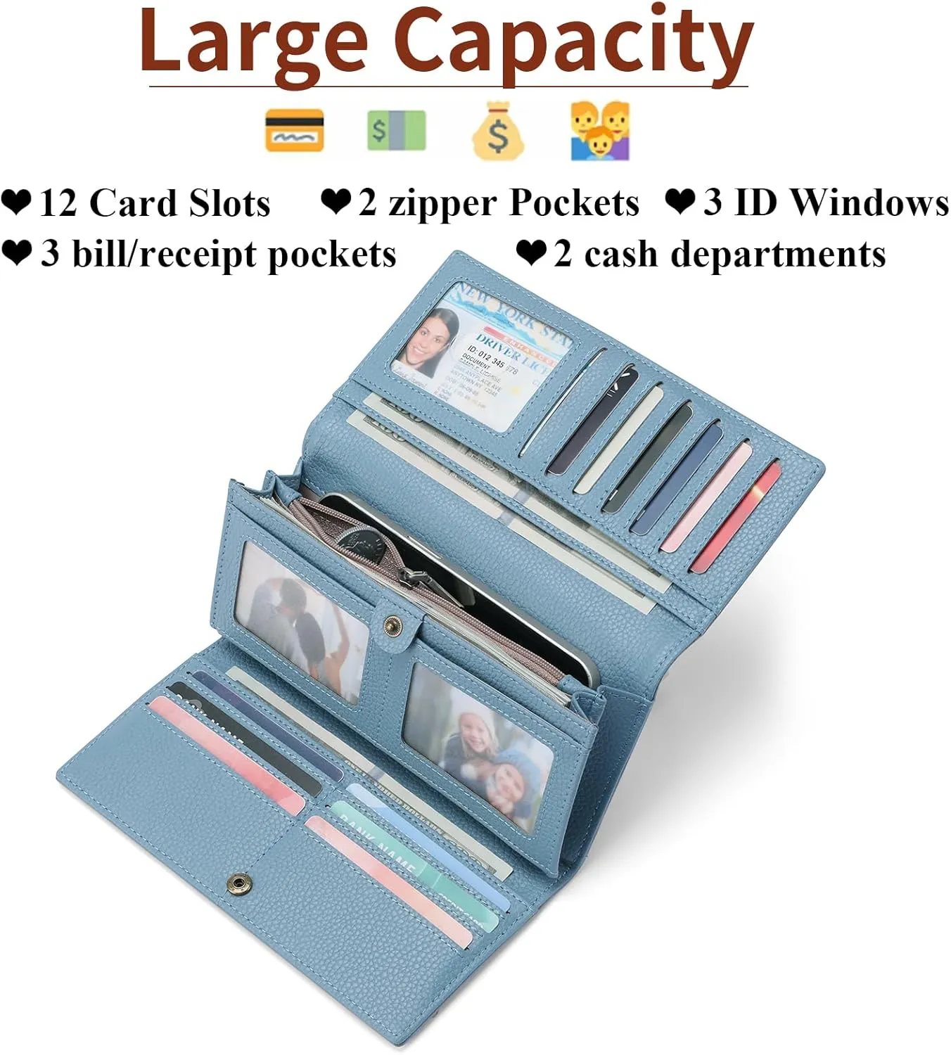 SENDEFN Large Womens Wallet Genuine Leather RFID Blocking Wallet for women Large Capacity Trifold Clutch Card Holder Ladies Purse with Zipper Pocket