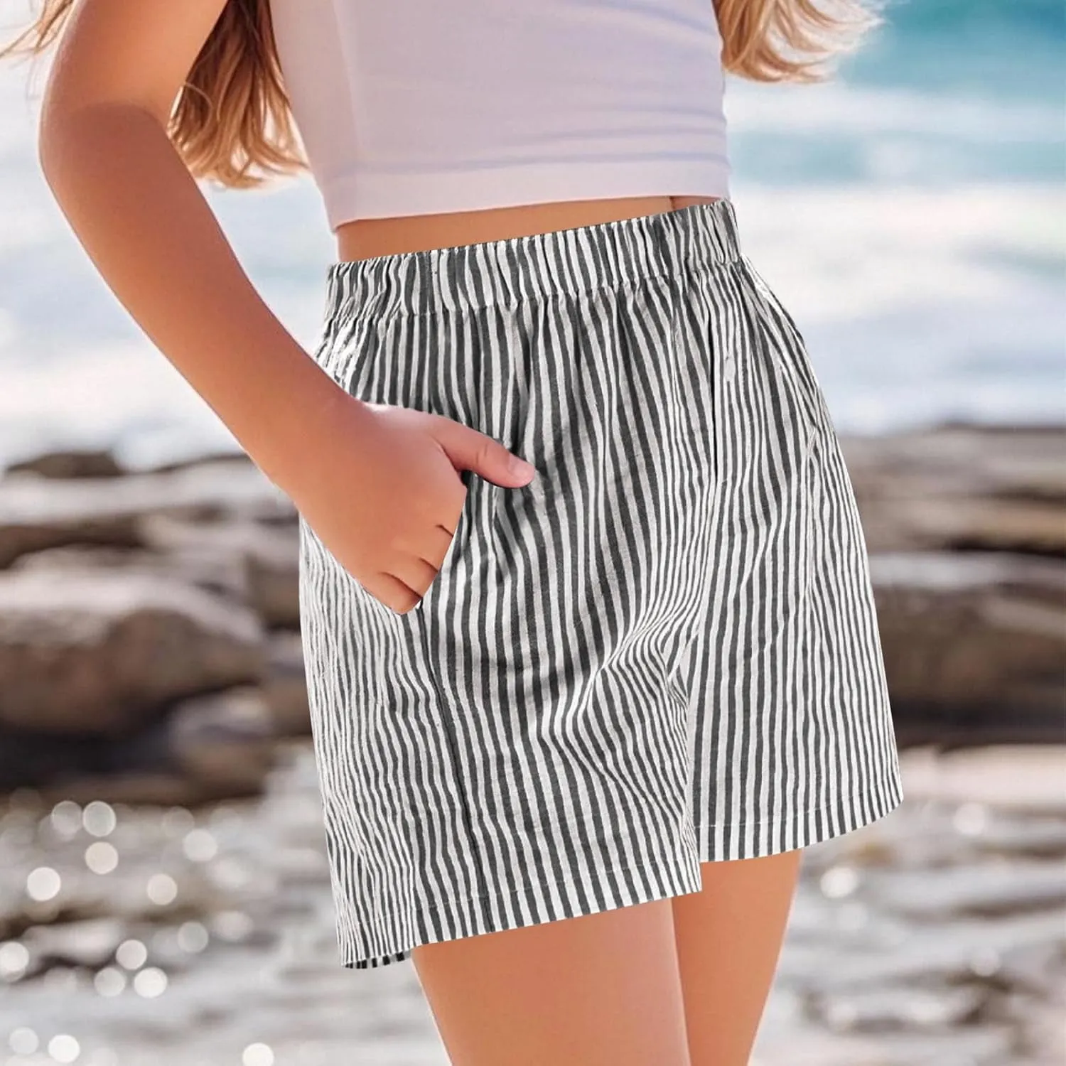 Shorts for Teen Girls Trendy Striped High Waisted Elastic Beach Casual Shorts Basic Summer Pants with Pockets