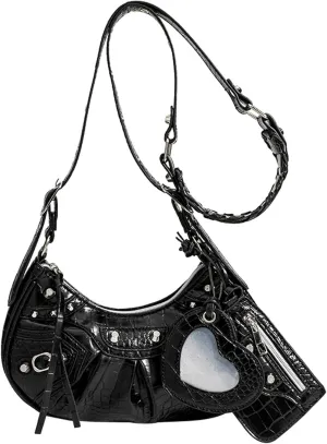 Shoulder Bag, Retro Y2k Purse, PU Leather Black Punk Style Buckle Purse Rivet Satchel Pleated Half Moon Handbags Fashionable Grunge Bag for Gen Z, Women Girls Gift, Shoulder Bag