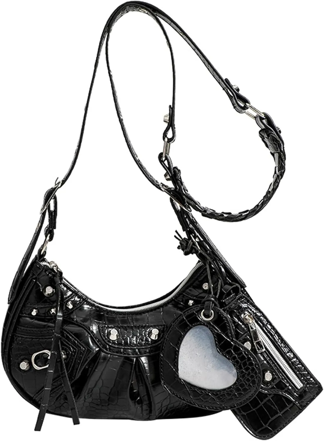 Shoulder Bag, Retro Y2k Purse, PU Leather Black Punk Style Buckle Purse Rivet Satchel Pleated Half Moon Handbags Fashionable Grunge Bag for Gen Z, Women Girls Gift, Shoulder Bag