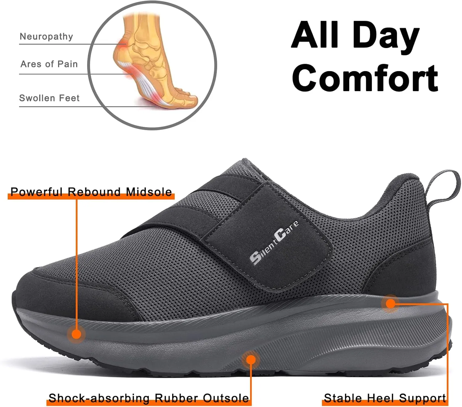 SILENTCARE Diabetic Shoes for Men Wide Toe Box Slip-on Shoes for Swollen Feet Adjustable Walking Shoes for Elderly Foot Pain Relief Neuropathy