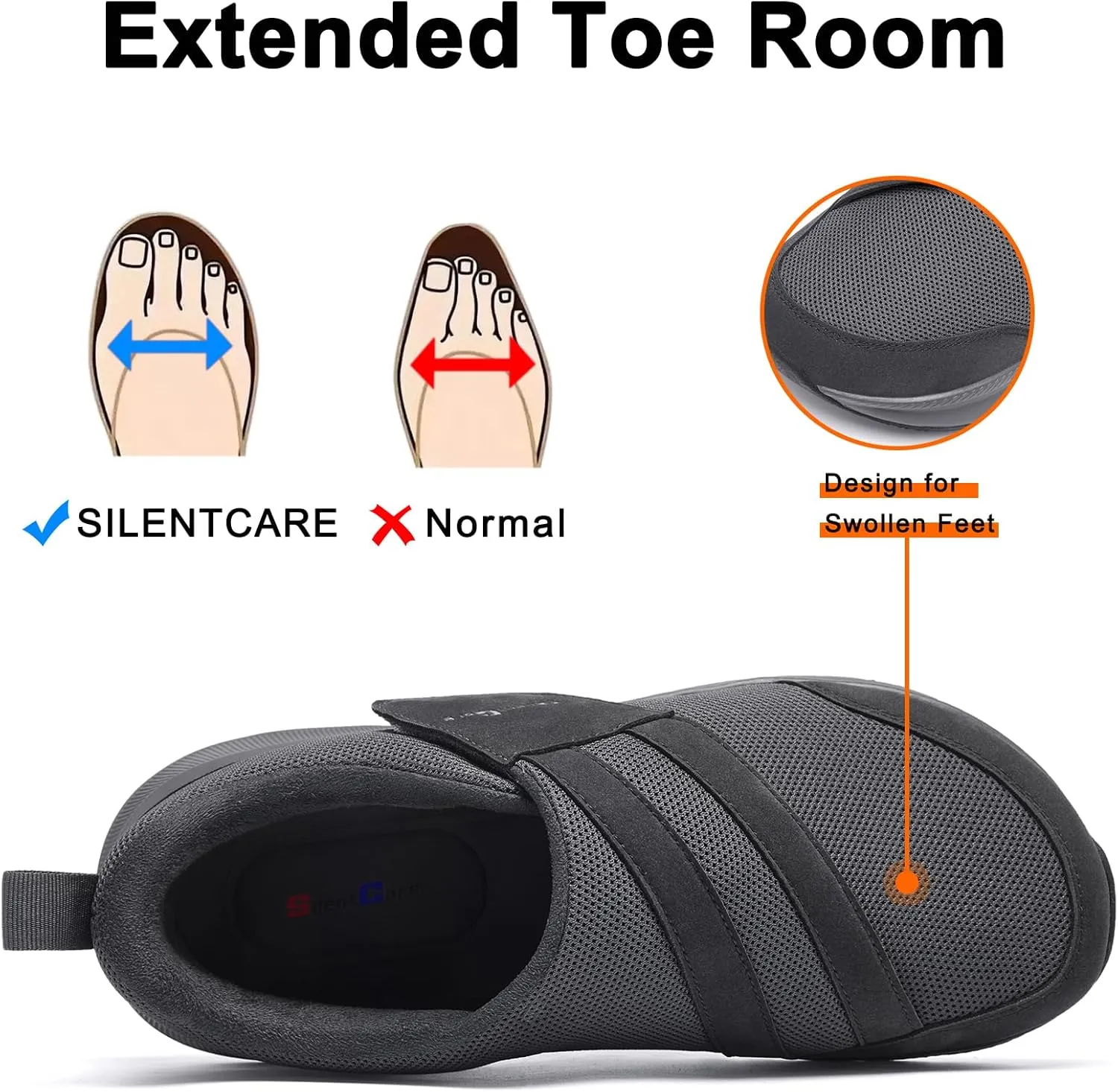 SILENTCARE Diabetic Shoes for Men Wide Toe Box Slip-on Shoes for Swollen Feet Adjustable Walking Shoes for Elderly Foot Pain Relief Neuropathy