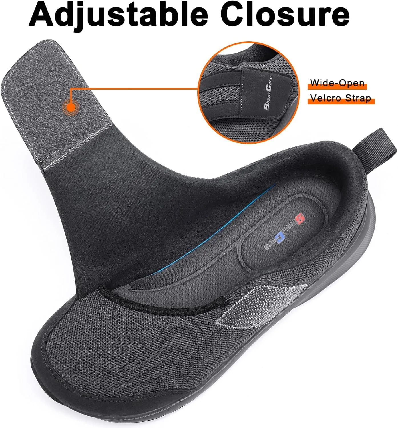 SILENTCARE Diabetic Shoes for Men Wide Toe Box Slip-on Shoes for Swollen Feet Adjustable Walking Shoes for Elderly Foot Pain Relief Neuropathy