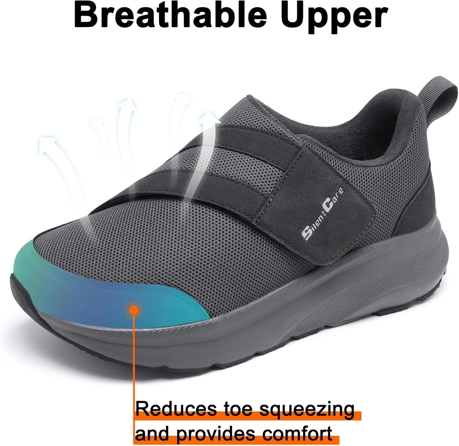 SILENTCARE Diabetic Shoes for Men Wide Toe Box Slip-on Shoes for Swollen Feet Adjustable Walking Shoes for Elderly Foot Pain Relief Neuropathy