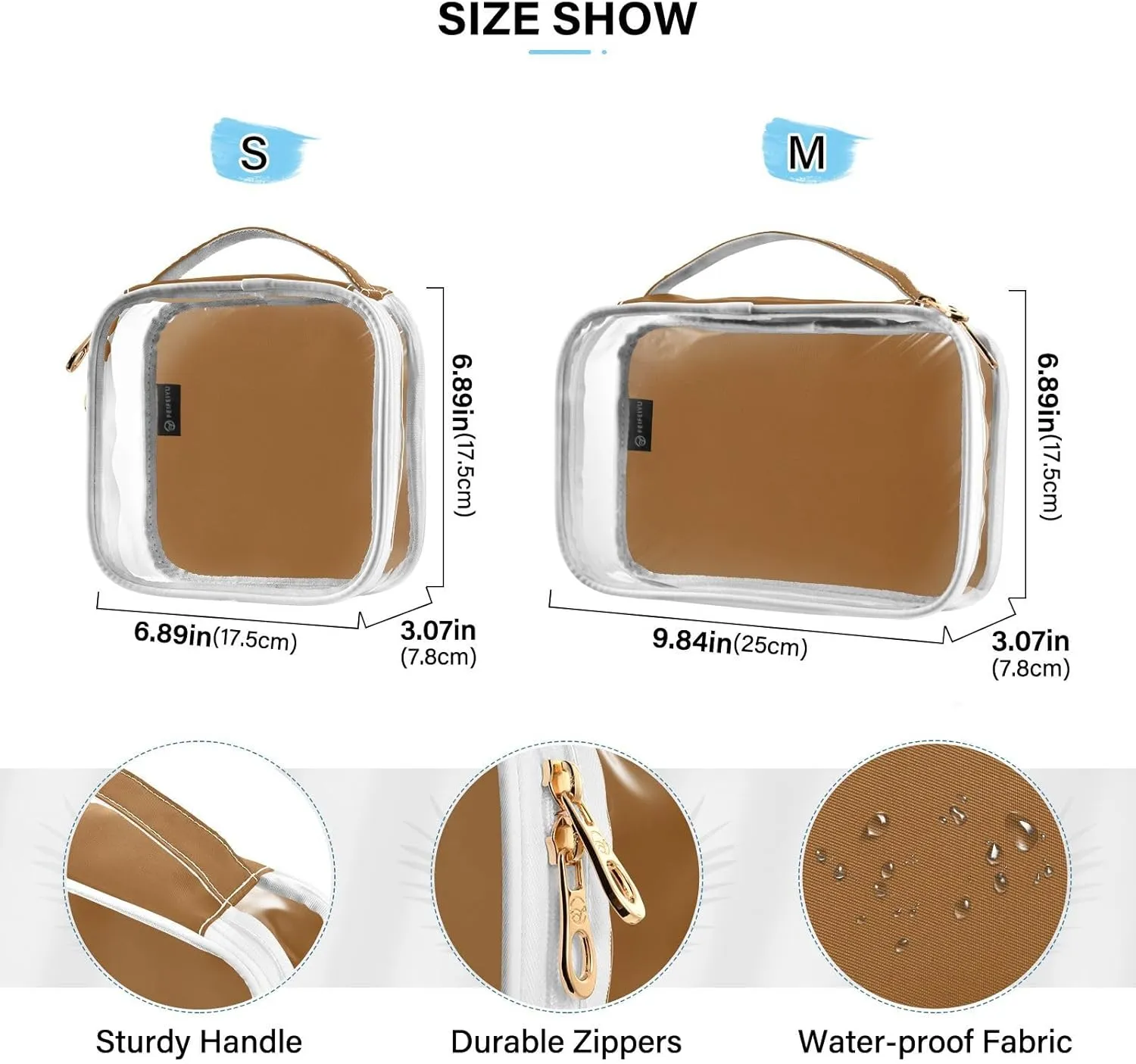 Sinestour Camel Clear Toiletry Bag with Zipper Travel Makeup Pouches with Handle Cosmetic Organizer Case Set for Men Women Carry On