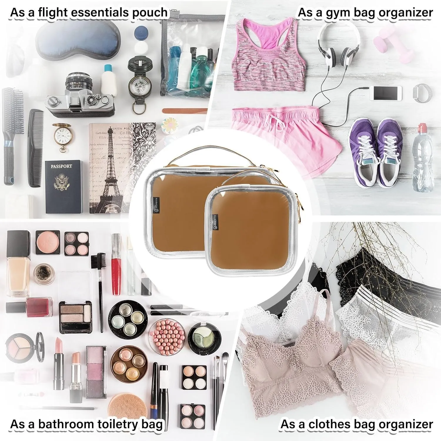 Sinestour Camel Clear Toiletry Bag with Zipper Travel Makeup Pouches with Handle Cosmetic Organizer Case Set for Men Women Carry On