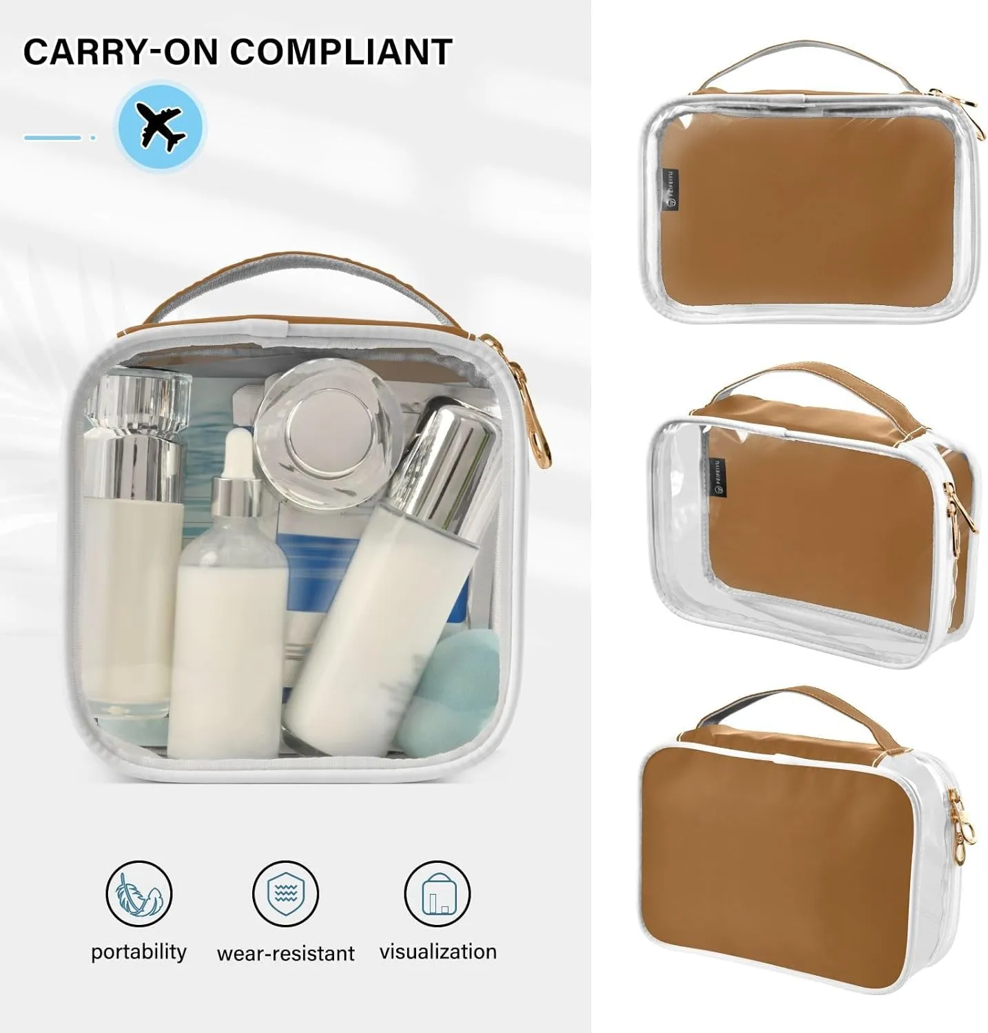 Sinestour Camel Clear Toiletry Bag with Zipper Travel Makeup Pouches with Handle Cosmetic Organizer Case Set for Men Women Carry On