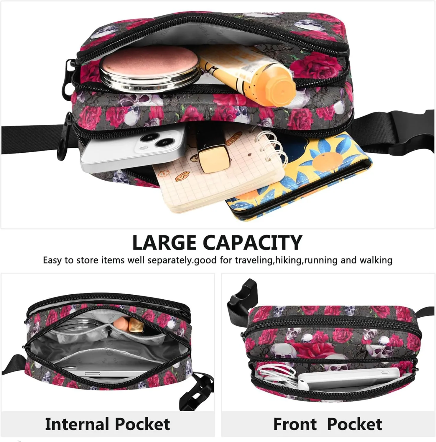 Skull Flowers Funny Fanny Pack for Women Bright Color Hip Pack Belt Pouch Waterproof Travel Waist Pouch