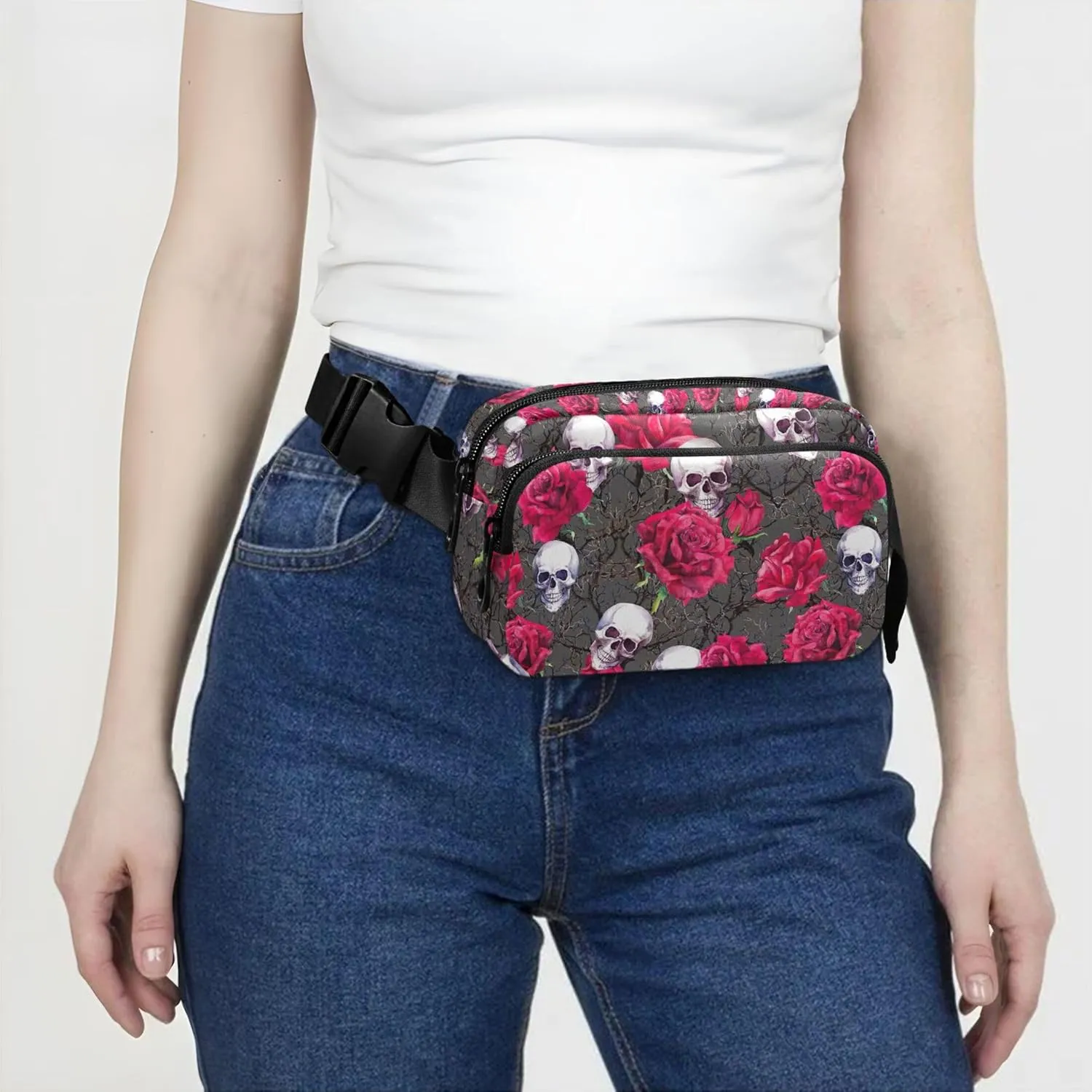 Skull Flowers Funny Fanny Pack for Women Bright Color Hip Pack Belt Pouch Waterproof Travel Waist Pouch