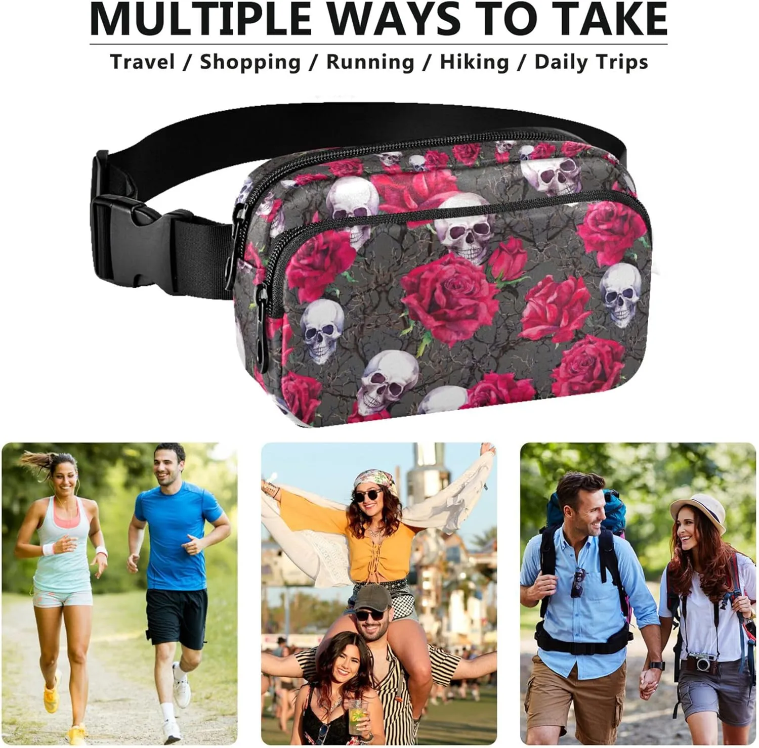 Skull Flowers Funny Fanny Pack for Women Bright Color Hip Pack Belt Pouch Waterproof Travel Waist Pouch