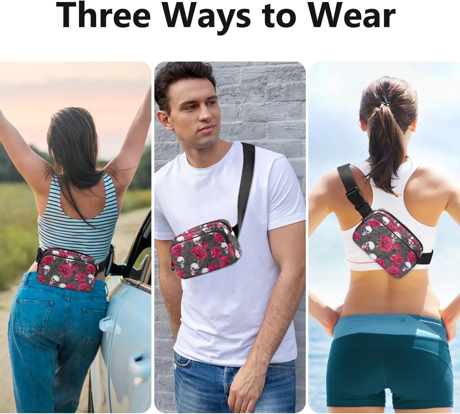 Skull Flowers Funny Fanny Pack for Women Bright Color Hip Pack Belt Pouch Waterproof Travel Waist Pouch