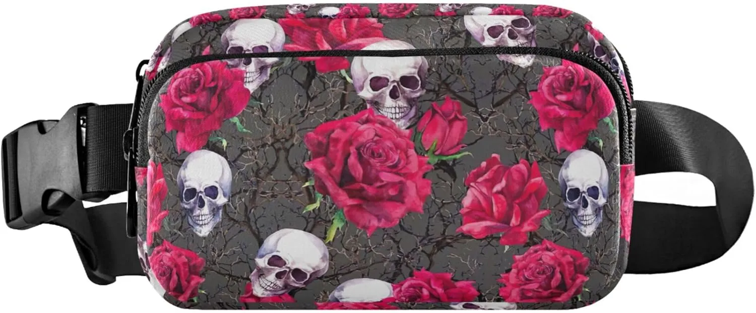 Skull Flowers Funny Fanny Pack for Women Bright Color Hip Pack Belt Pouch Waterproof Travel Waist Pouch