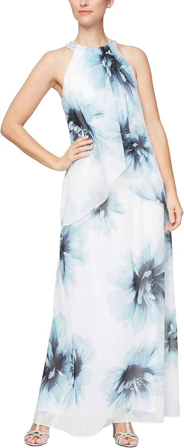 S.L. Fashions Women's Long Maxi Chiffon Gown with Jewel Halter Neck Dress