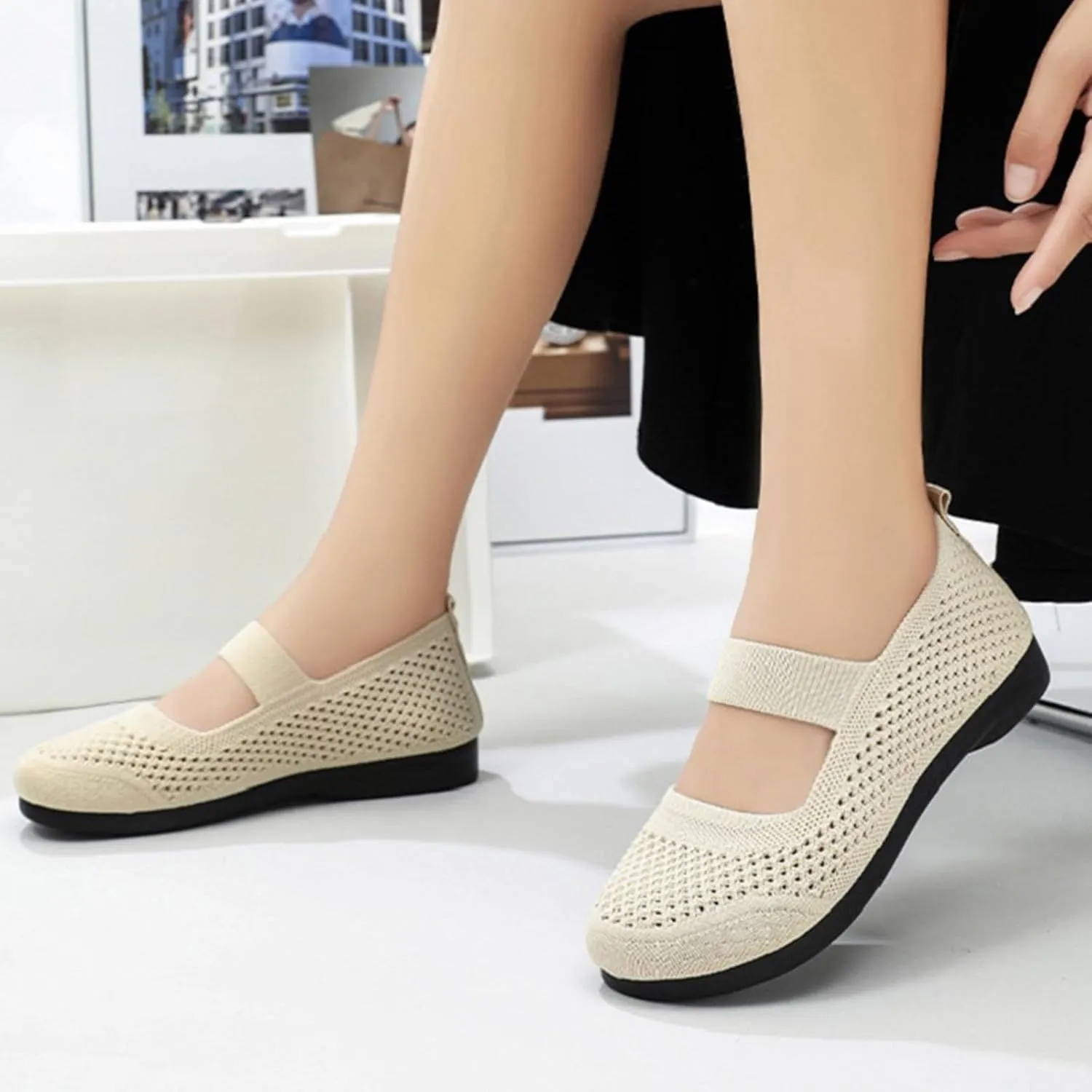 Slip On Orthopedic Sneakers Women Breathable Mesh Knitted Woven Low Top Walking Shoes Lightweight Wide Width Soft Sole Arch Support Non-Slip Shoes