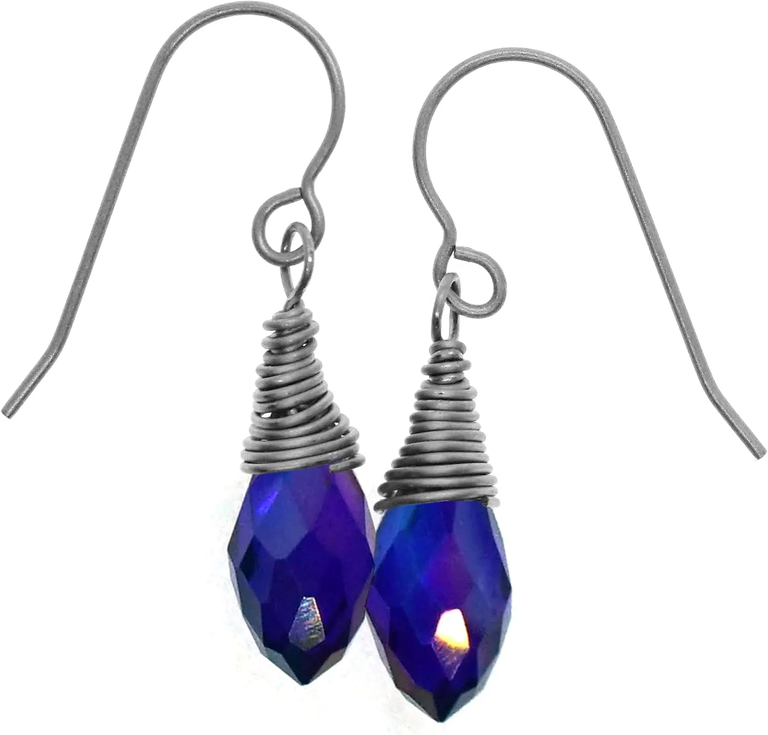 Small Cobalt Blue Aurora Borealis Crystal Glass Briolette Wire Wrapped Titanium Earrings Hypoallergenic for Sensitive Ears