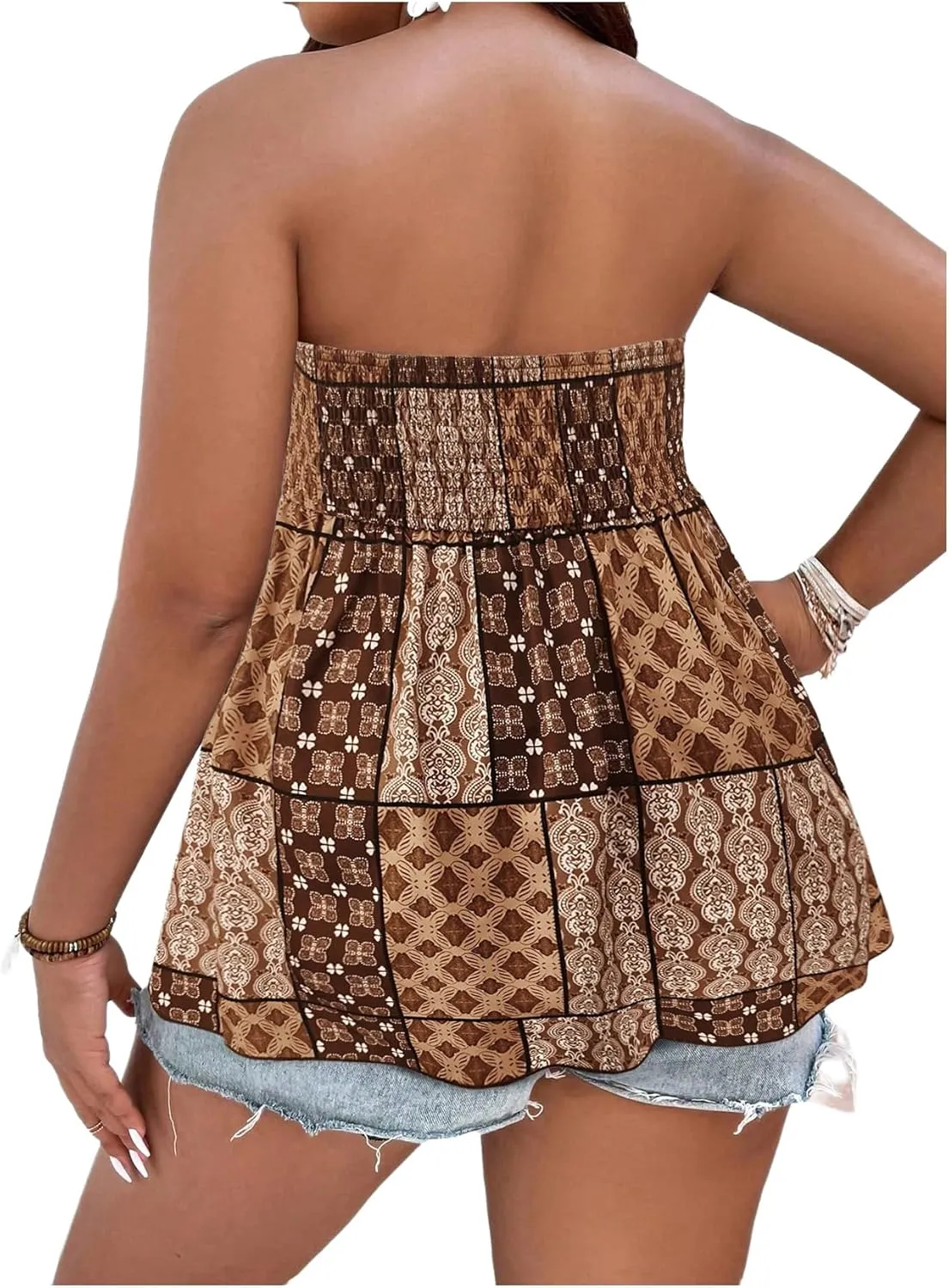 SOLY HUX Women's Plus Size Boho Tube Tops Strapless Sleeveless Smocked Ruffle Hem Summer Bandeau Tops