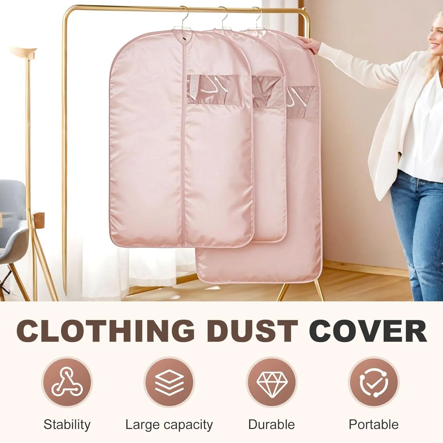 Space Saving Hanging Garment Bag with Self Compression Zipper, Space Saver Hanging Protector for Down Coat, Dust Cover Clothes Bags for Mulit-Size Down Coat (Pink, M)