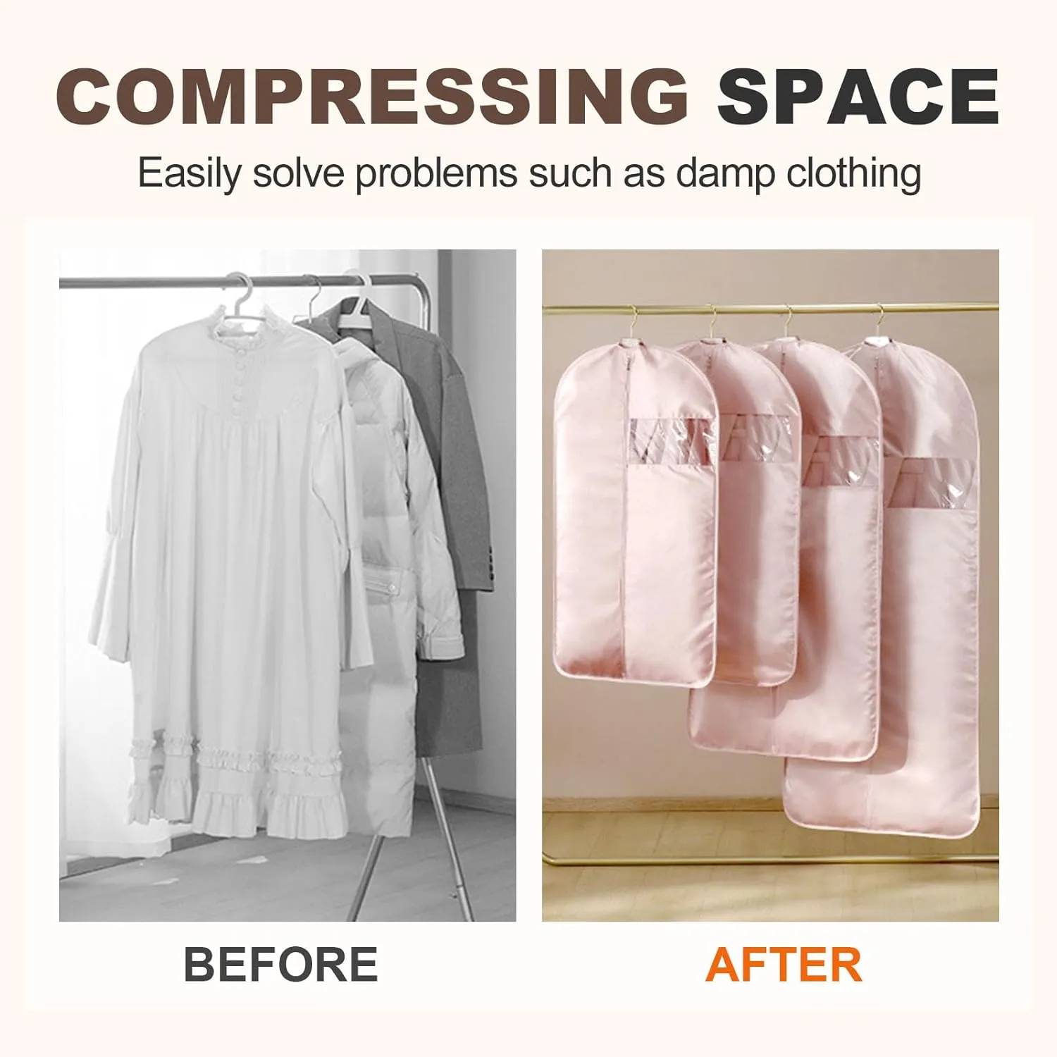 Space Saving Hanging Garment Bag with Self Compression Zipper, Space Saver Hanging Protector for Down Coat, Dust Cover Clothes Bags for Mulit-Size Down Coat (Pink, M)