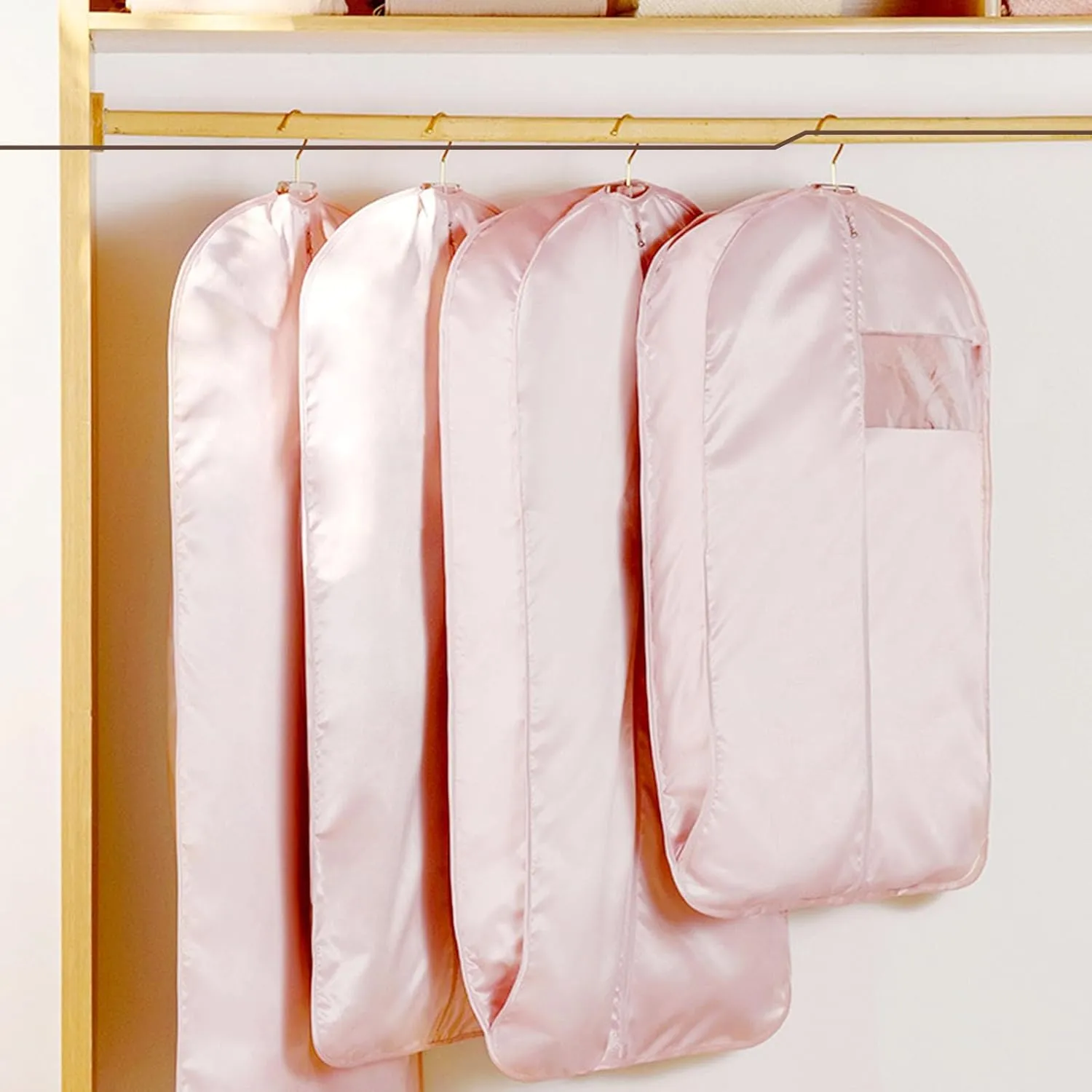 Space Saving Hanging Garment Bag with Self Compression Zipper, Space Saver Hanging Protector for Down Coat, Dust Cover Clothes Bags for Mulit-Size Down Coat (Pink, M)