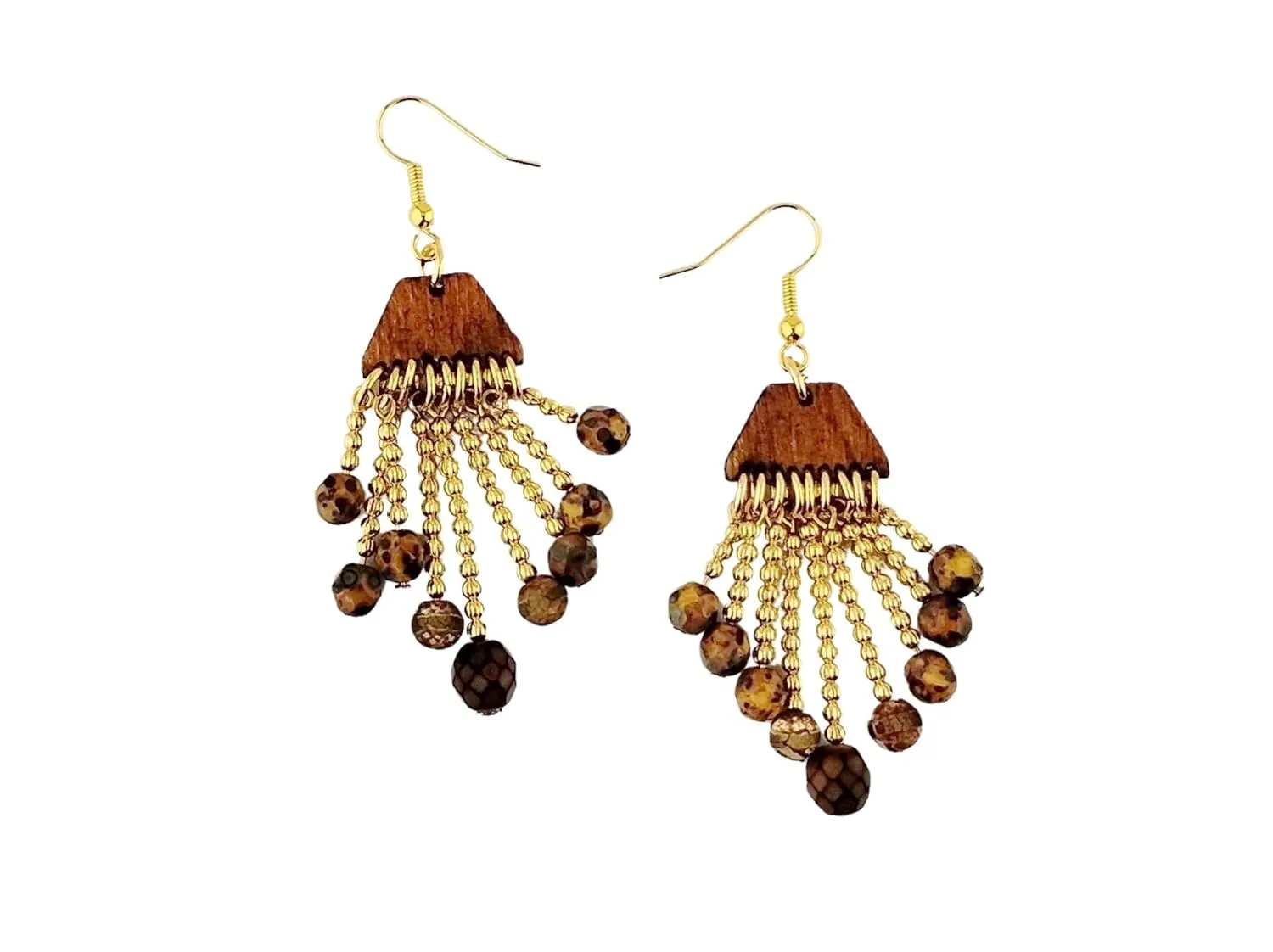 Spice Brown Wood Trapezoid Dangle Earrings - Nickel Free Gold Plated Brass Fishhook Ear Wires - Lightweight Jewelry