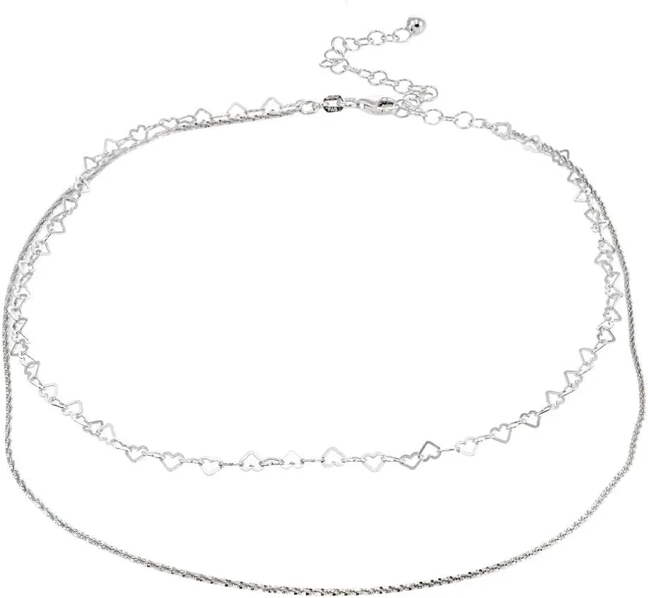 Sterling Silver Mirror Twist Rope & Open Heart Italian Chain Choker Layered Necklace