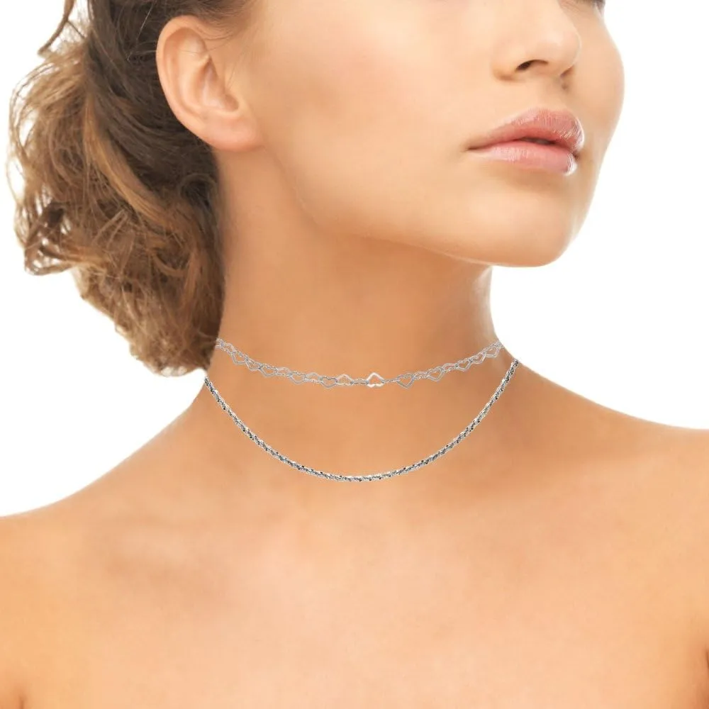 Sterling Silver Mirror Twist Rope & Open Heart Italian Chain Choker Layered Necklace