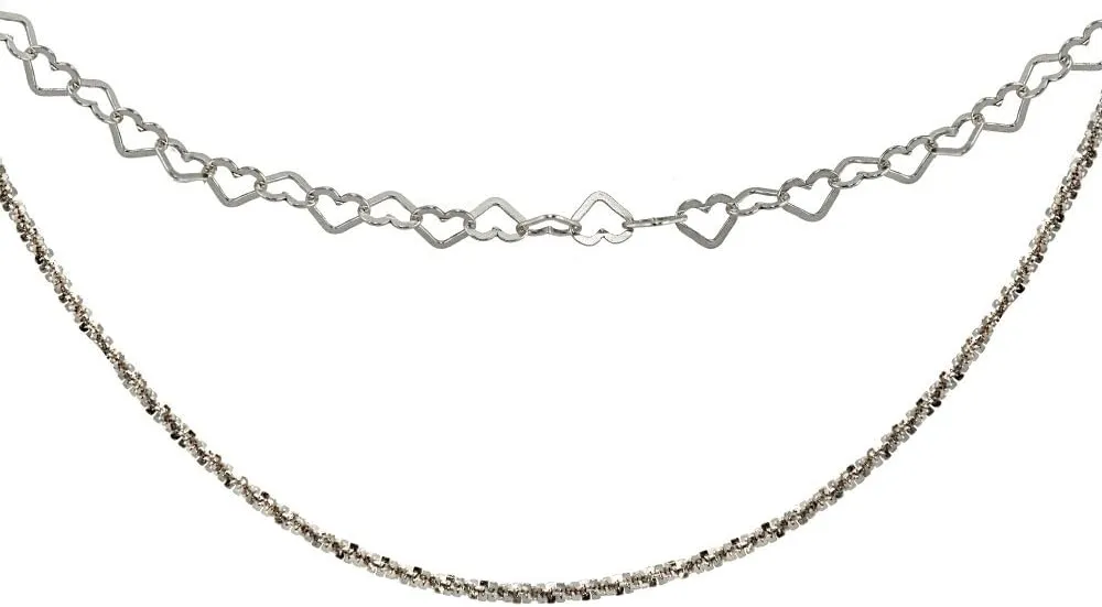 Sterling Silver Mirror Twist Rope & Open Heart Italian Chain Choker Layered Necklace