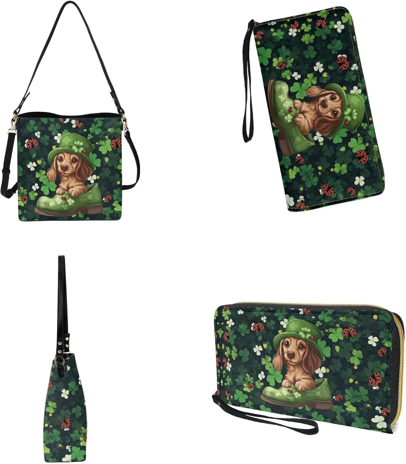 St.Patrick's Day Purse and Wallet for Women, Leather Crossbody Bucket Tote Bag with Wristlet Wallet