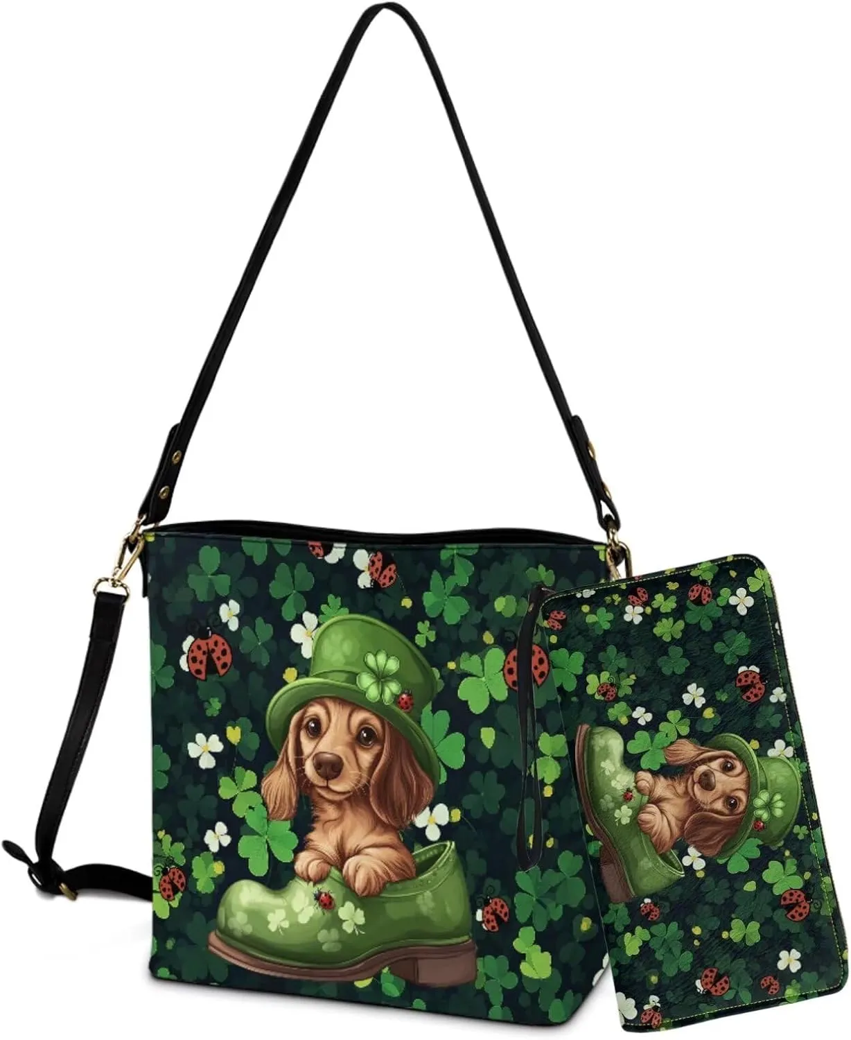 St.Patrick's Day Purse and Wallet for Women, Leather Crossbody Bucket Tote Bag with Wristlet Wallet