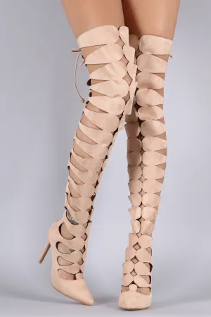 Suede Keyhole Cutout Pointy Toe Lace Up Stiletto Boots