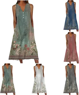 Summer Dresses for Women 2025 Vacation Casual Sleeveless v Neck Long Tank Dress Boho Floral Beach Flowy Sundresses