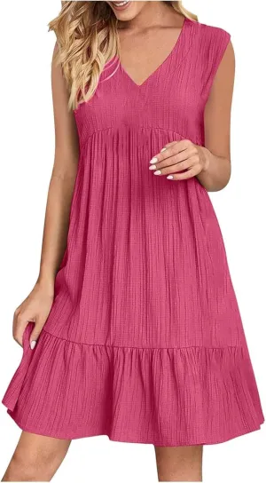 Summer Dresses for Women 2025 Vacation Sleeveless v Neck Mini T Shirt Dress Pleated Ruffle Flowy Beach Sundresses