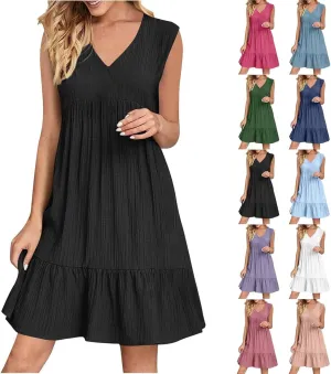 Summer Dresses for Women 2025 Vacation Sleeveless v Neck Mini T Shirt Dress Pleated Ruffle Flowy Beach Sundresses