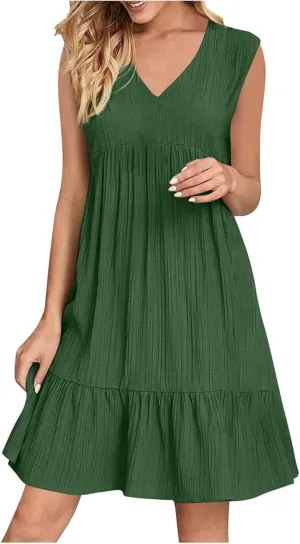 Summer Dresses for Women 2025 Vacation Sleeveless v Neck Mini T Shirt Dress Pleated Ruffle Flowy Beach Sundresses
