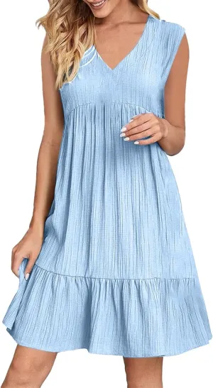 Summer Dresses for Women 2025 Vacation Sleeveless v Neck Mini T Shirt Dress Pleated Ruffle Flowy Beach Sundresses