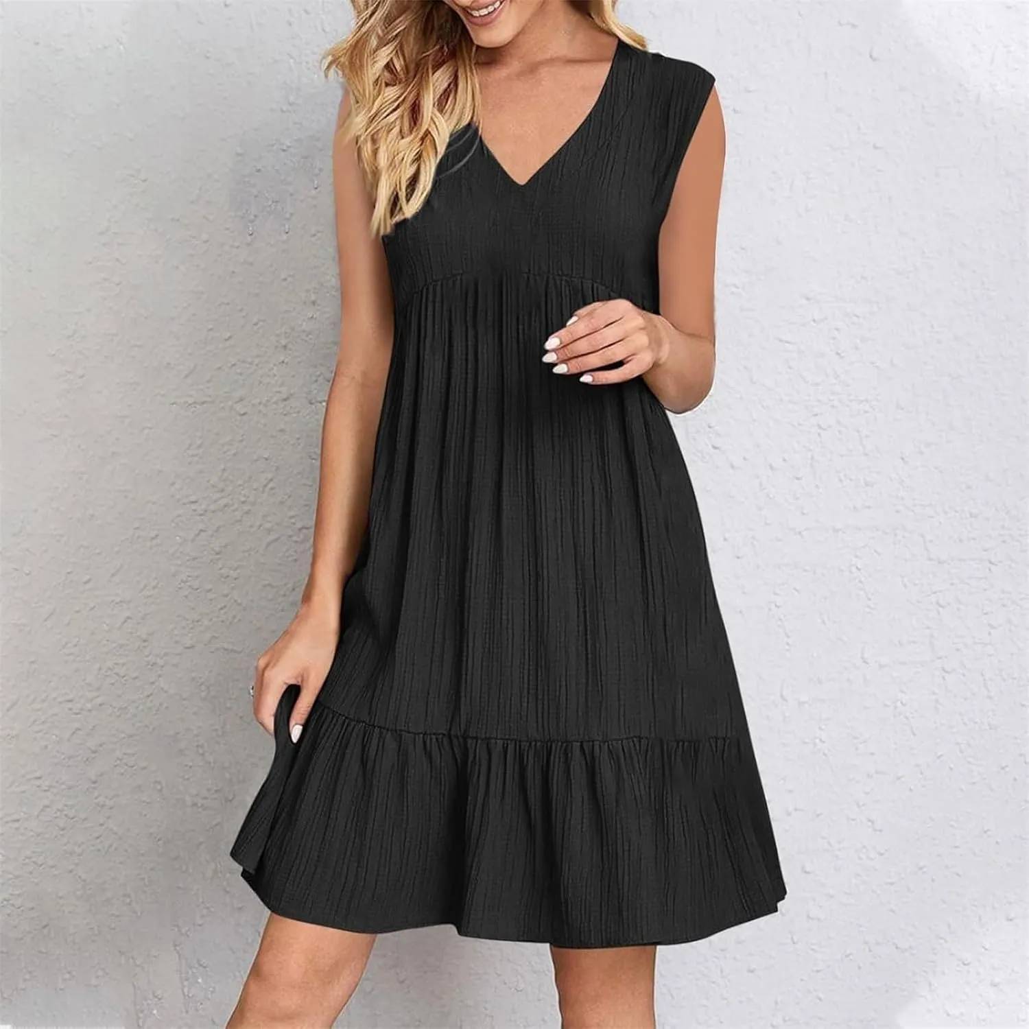 Summer Dresses for Women 2025 Vacation Sleeveless v Neck Mini T Shirt Dress Pleated Ruffle Flowy Beach Sundresses