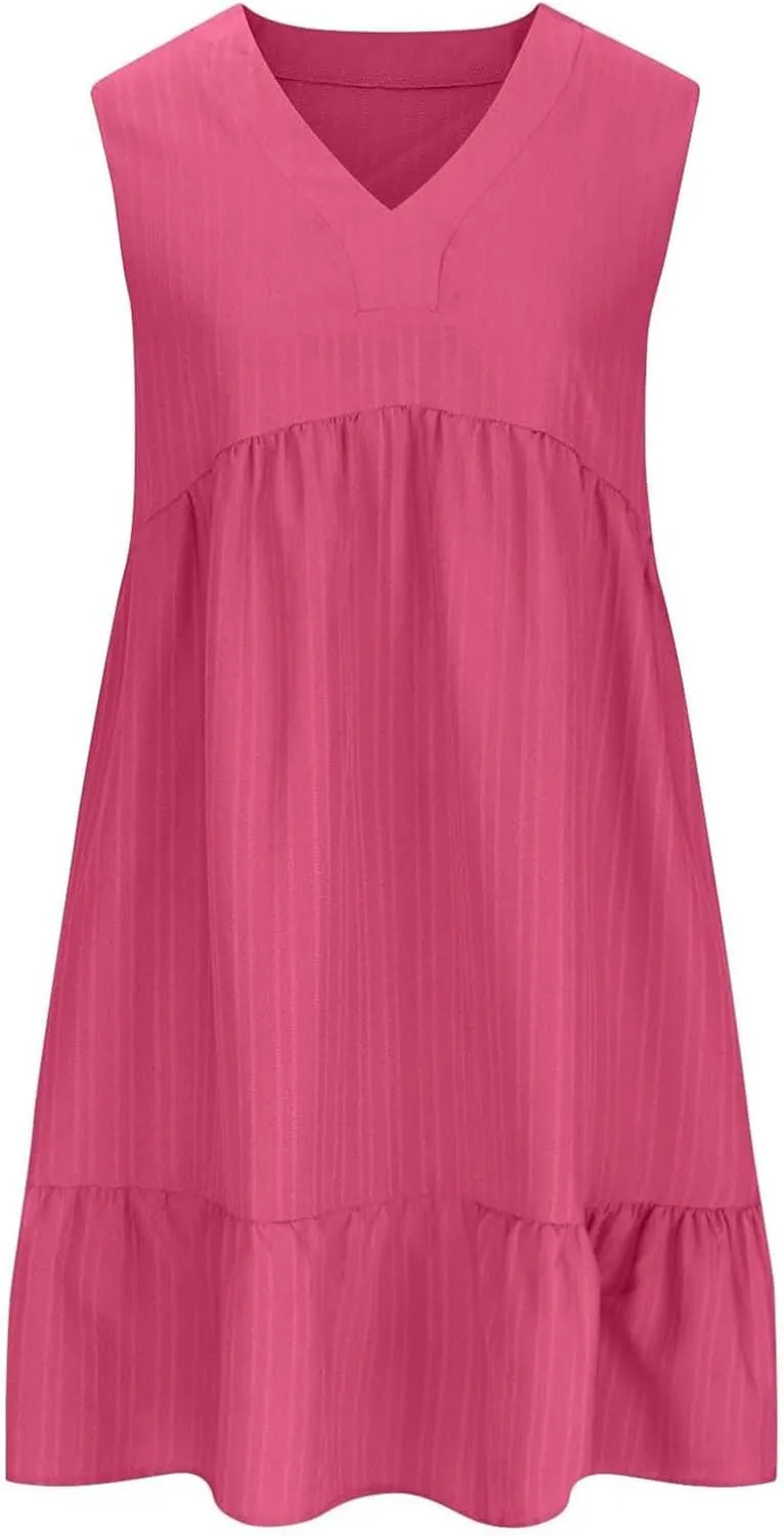 Summer Dresses for Women 2025 Vacation Sleeveless v Neck Mini T Shirt Dress Pleated Ruffle Flowy Beach Sundresses