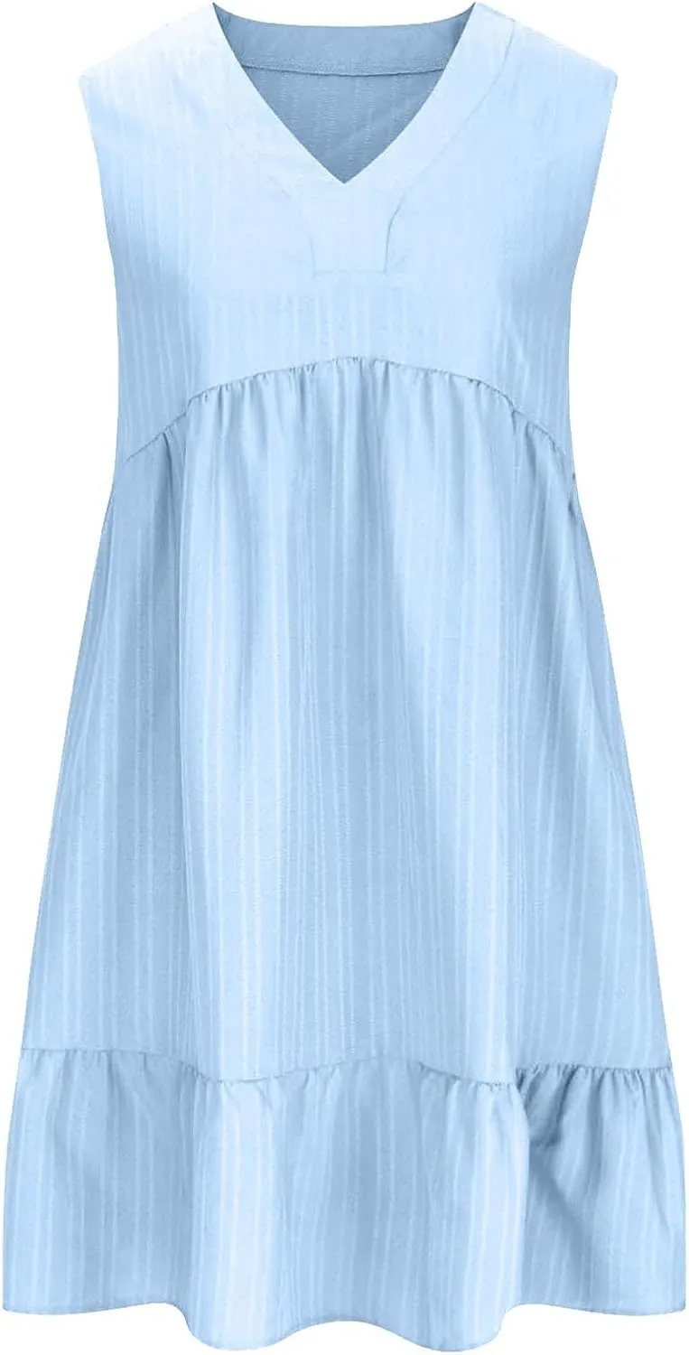 Summer Dresses for Women 2025 Vacation Sleeveless v Neck Mini T Shirt Dress Pleated Ruffle Flowy Beach Sundresses