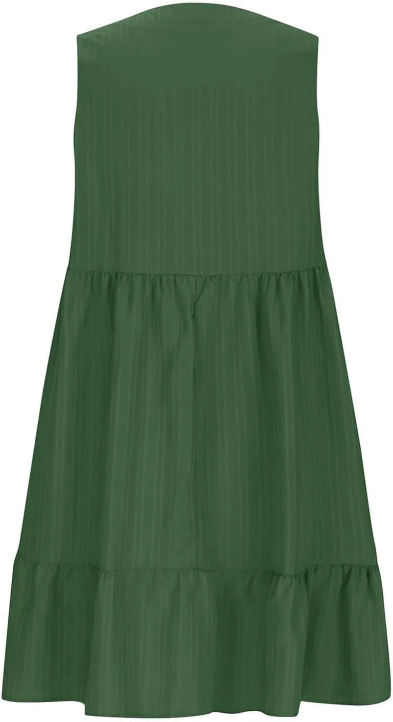 Summer Dresses for Women 2025 Vacation Sleeveless v Neck Mini T Shirt Dress Pleated Ruffle Flowy Beach Sundresses