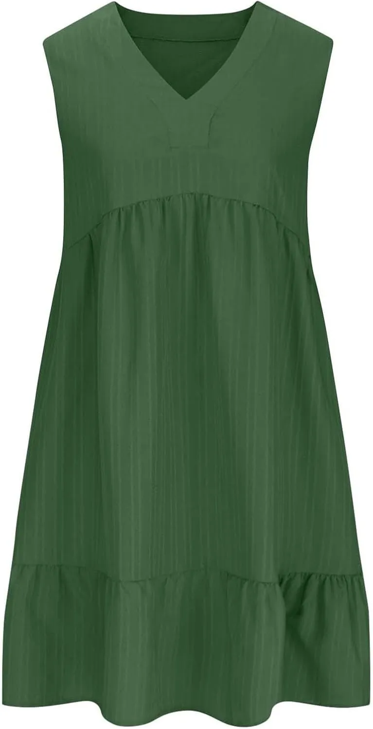 Summer Dresses for Women 2025 Vacation Sleeveless v Neck Mini T Shirt Dress Pleated Ruffle Flowy Beach Sundresses